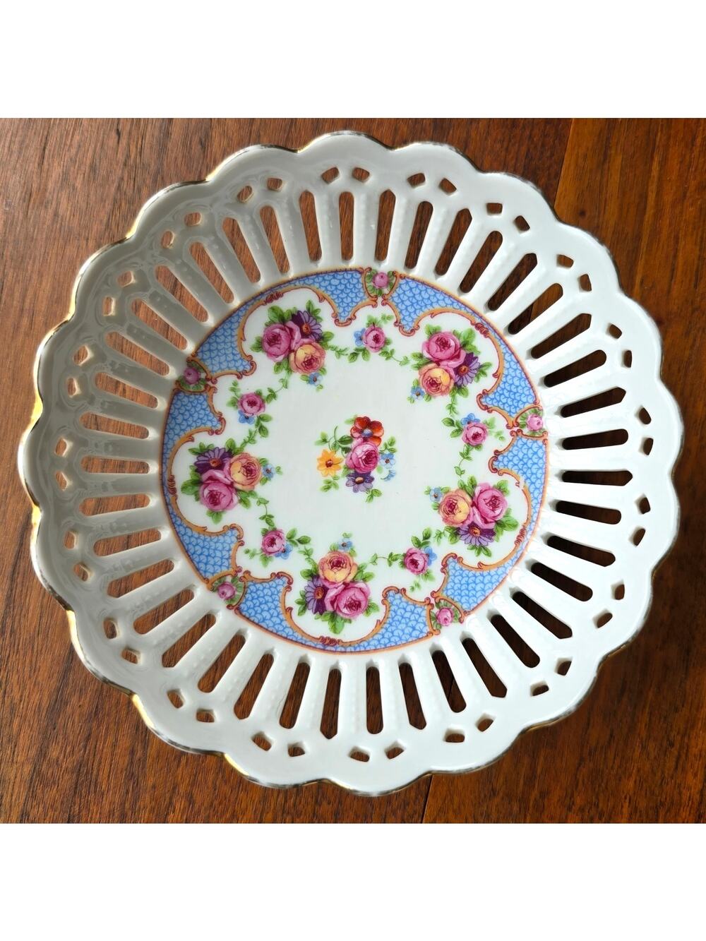 Vintage Schumann Bavaria Reticulated Petit Bowl Dresden Flowers Cottagecore
